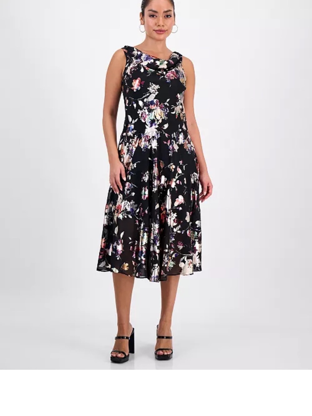 NWT Signature Robbie Bee Black Metallic Floral Cowl-Neck Midi Dress 8P Fairy